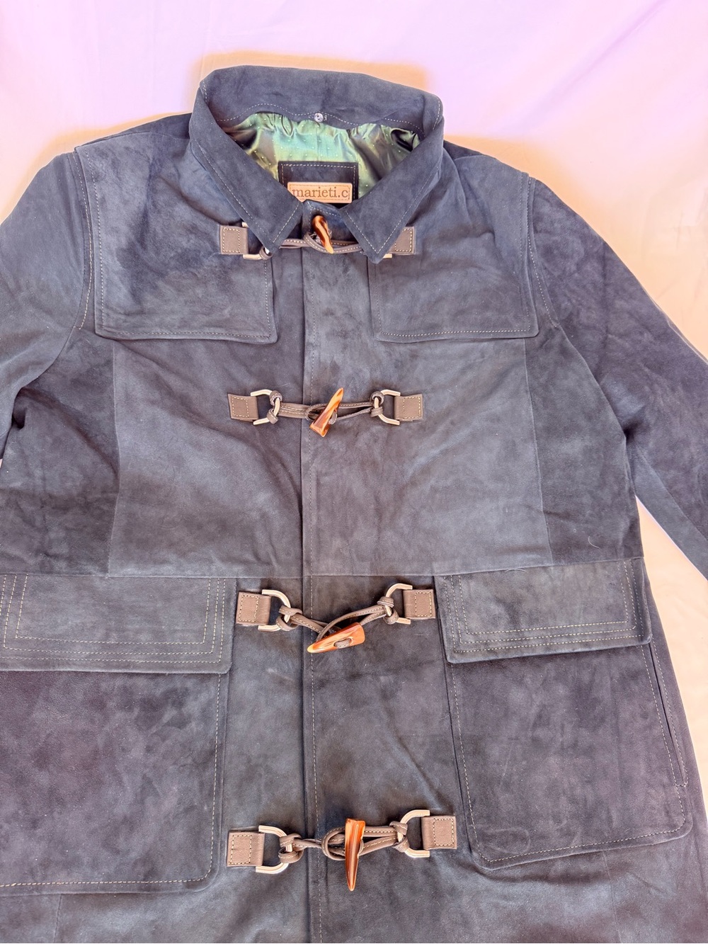 Men's Forest Green Suede Toggle Coat - Picture 4 of 15